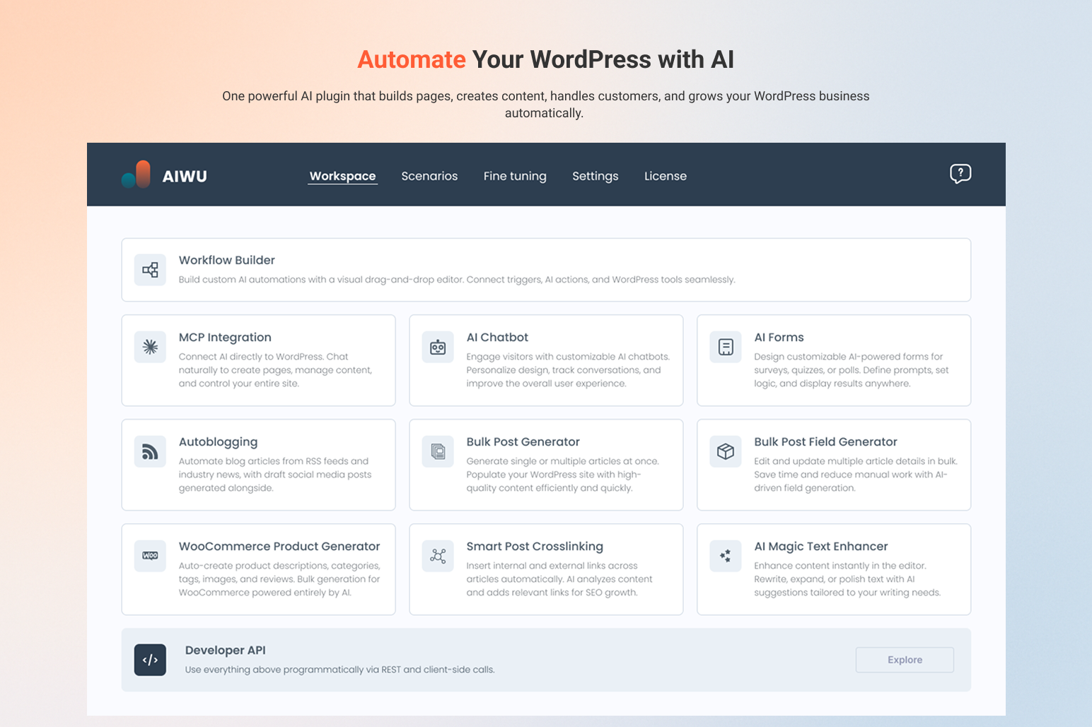 AIWU – WordPress AI Automation Plugin - Screenshot 2 showing product features and functionality