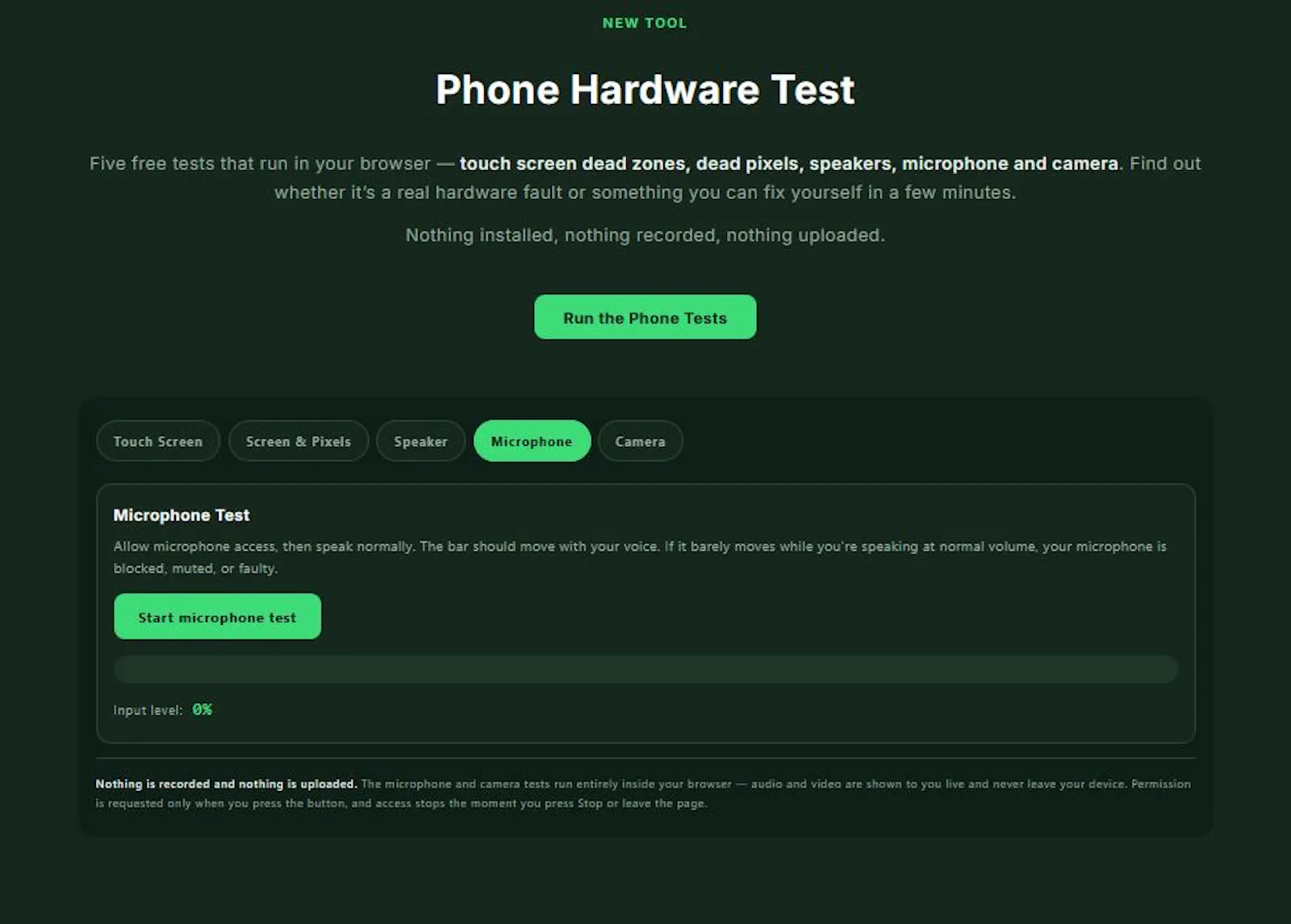 Phone Test browser-based hardware check screenshot 3