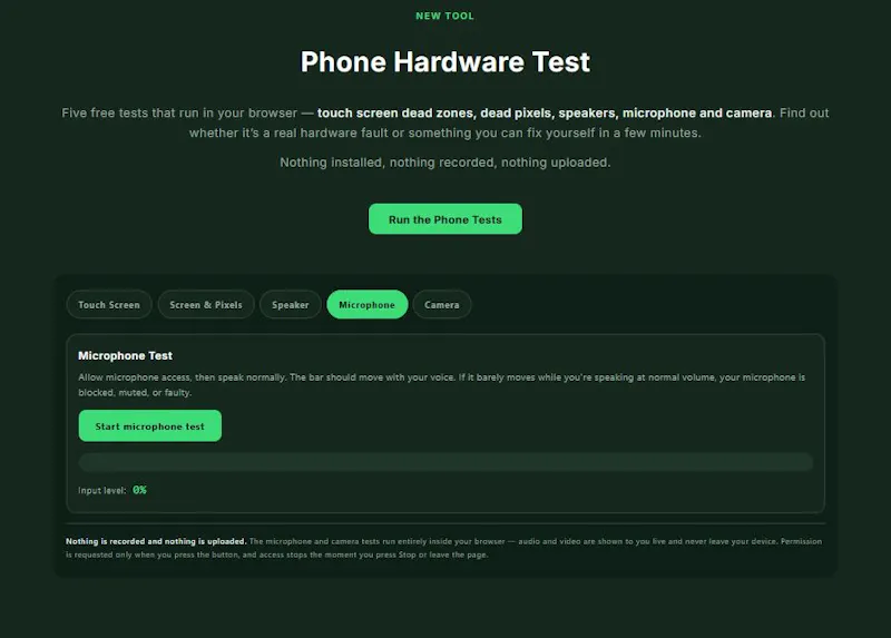 Phone Test browser-based hardware check screenshot 3