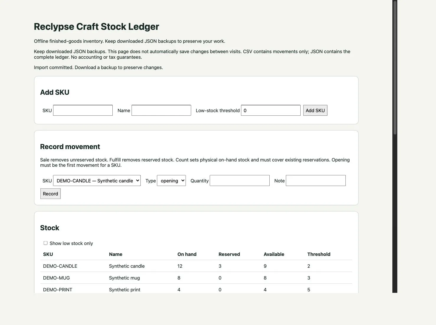 Reclypse Craft Stock Ledger gallery image