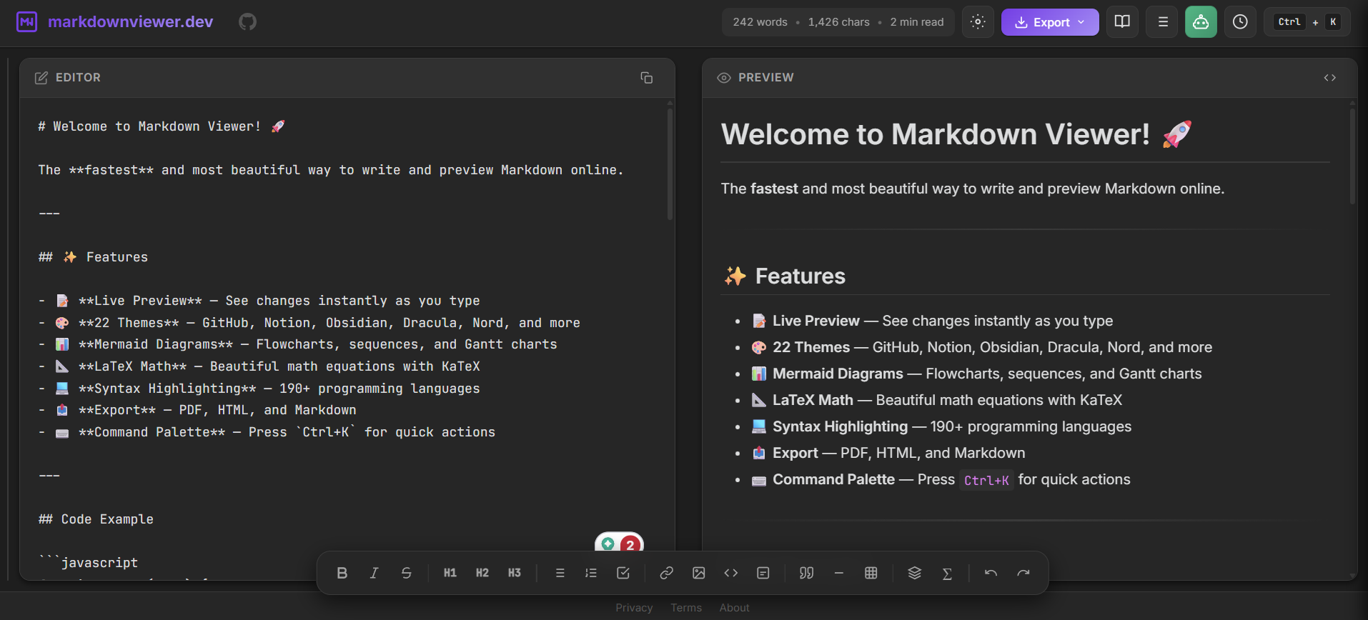 Markdown Viewer - Screenshot 2 showing product features and functionality