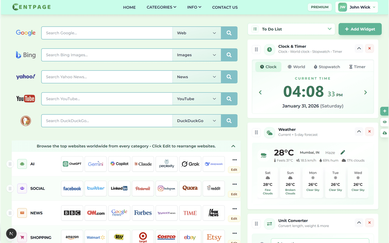 CentPage – Your Productivity New Tab - Main product screenshot demonstrating key features and user interface