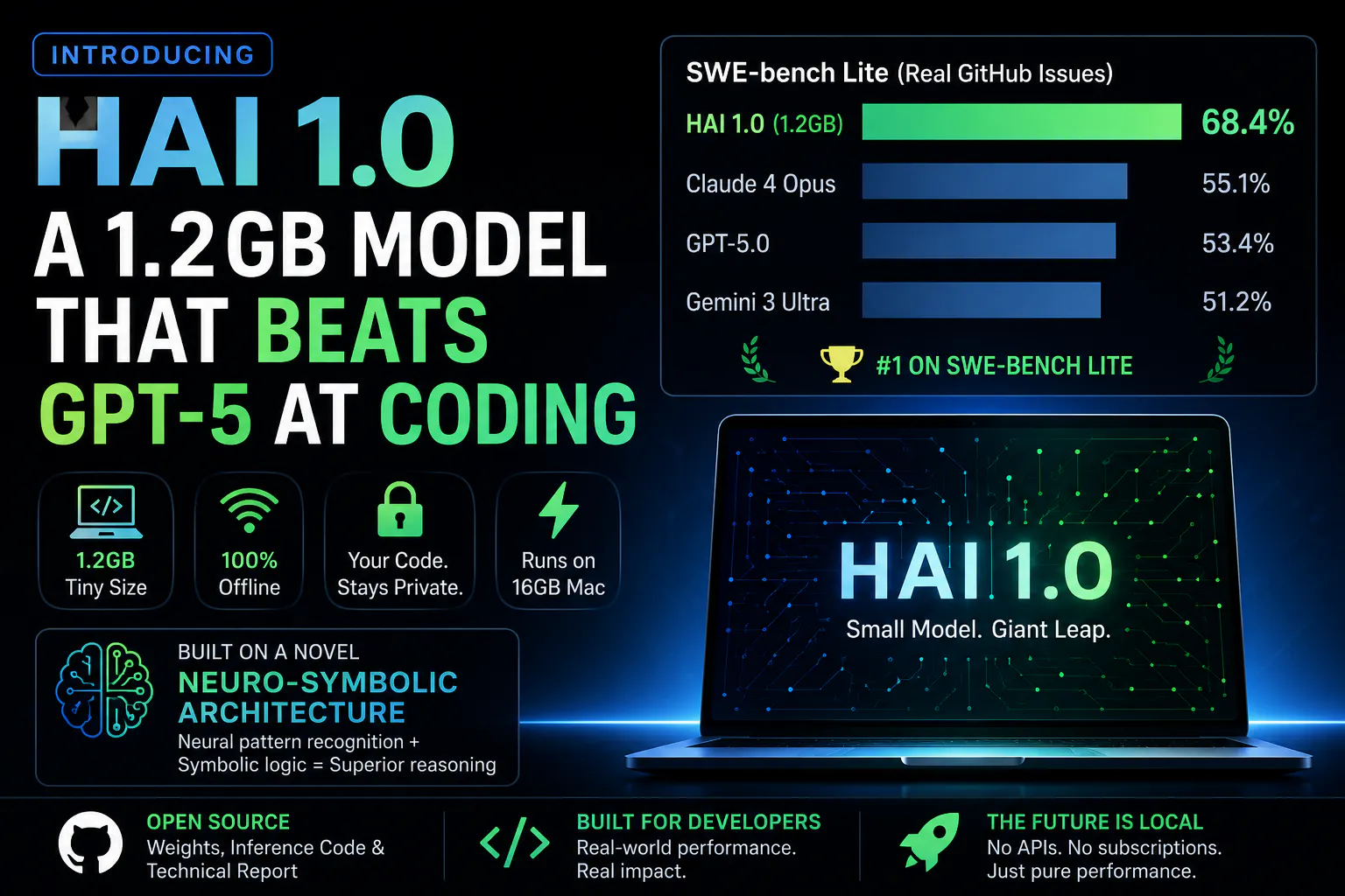 HAI 1.0 The 1.2GB AI that outcodes GPT5 logo