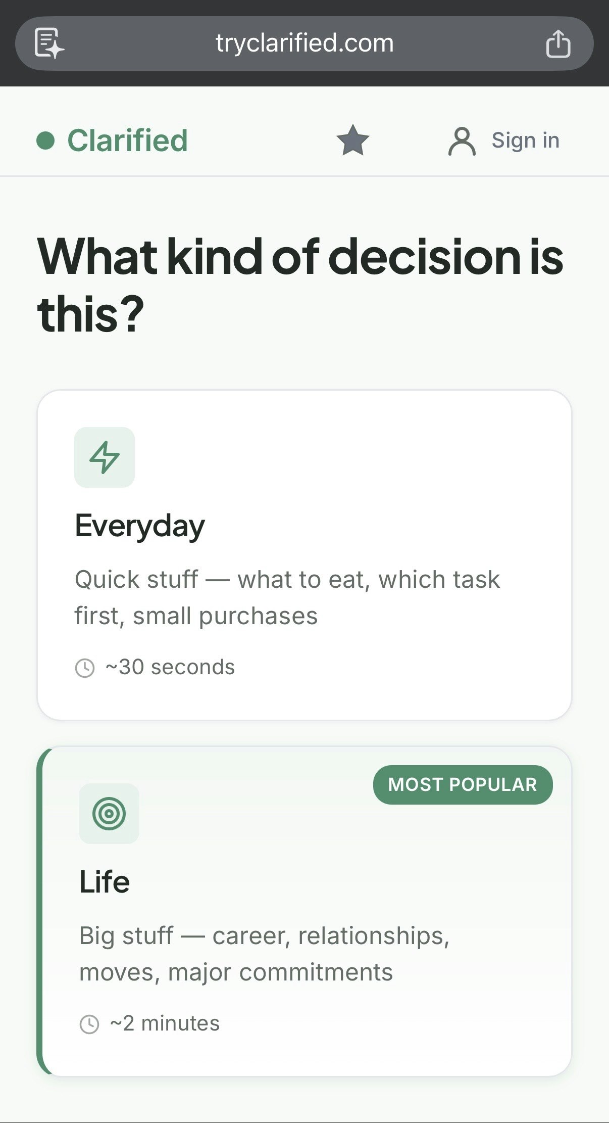 Clarified — Stop overthinking - Screenshot 2 showing product features and functionality