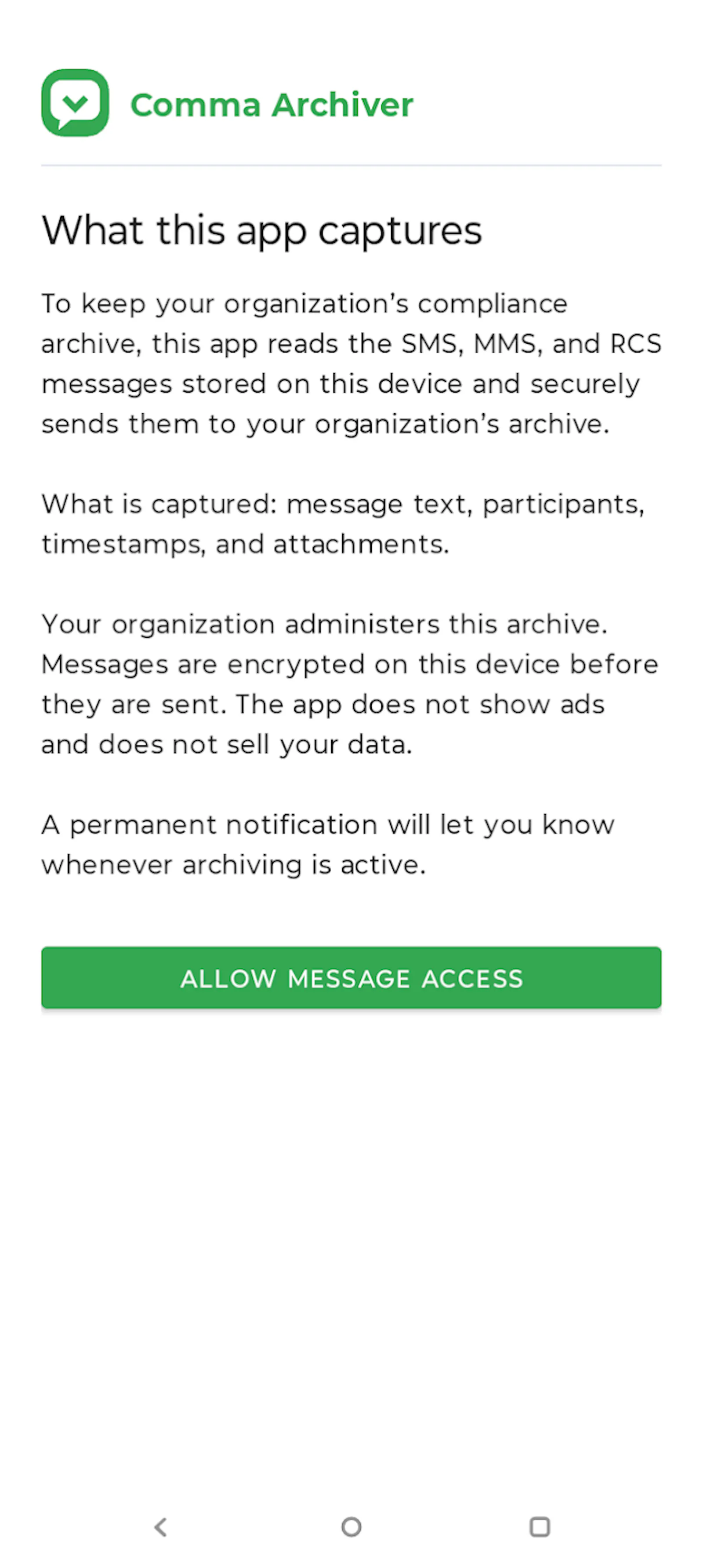 Comma Compliance Android Archiver  screenshot 2
