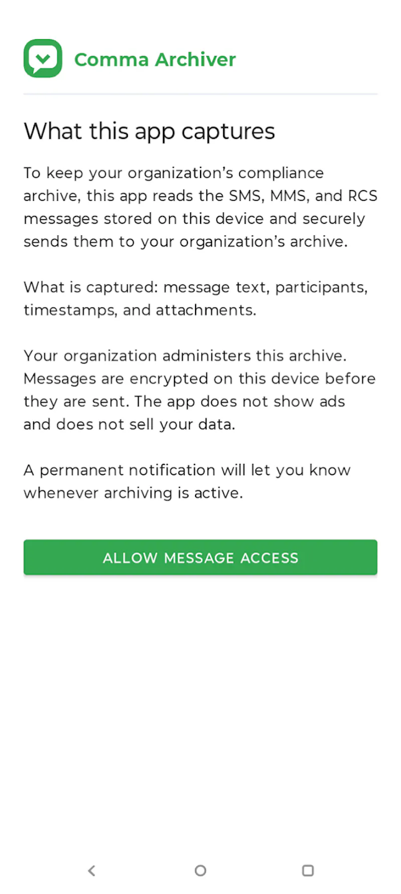 Comma Compliance Android Archiver  screenshot 2