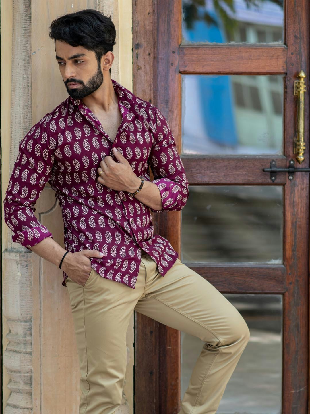 Burgundy Leaf Print Mens Shirt