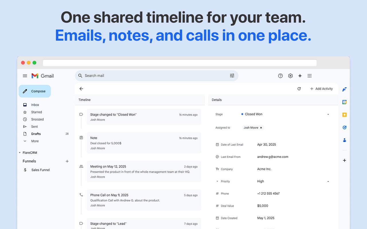 Flarecrm - Gmail CRM nativo - Un CRM liviano que vive dentro de Gmail media 4