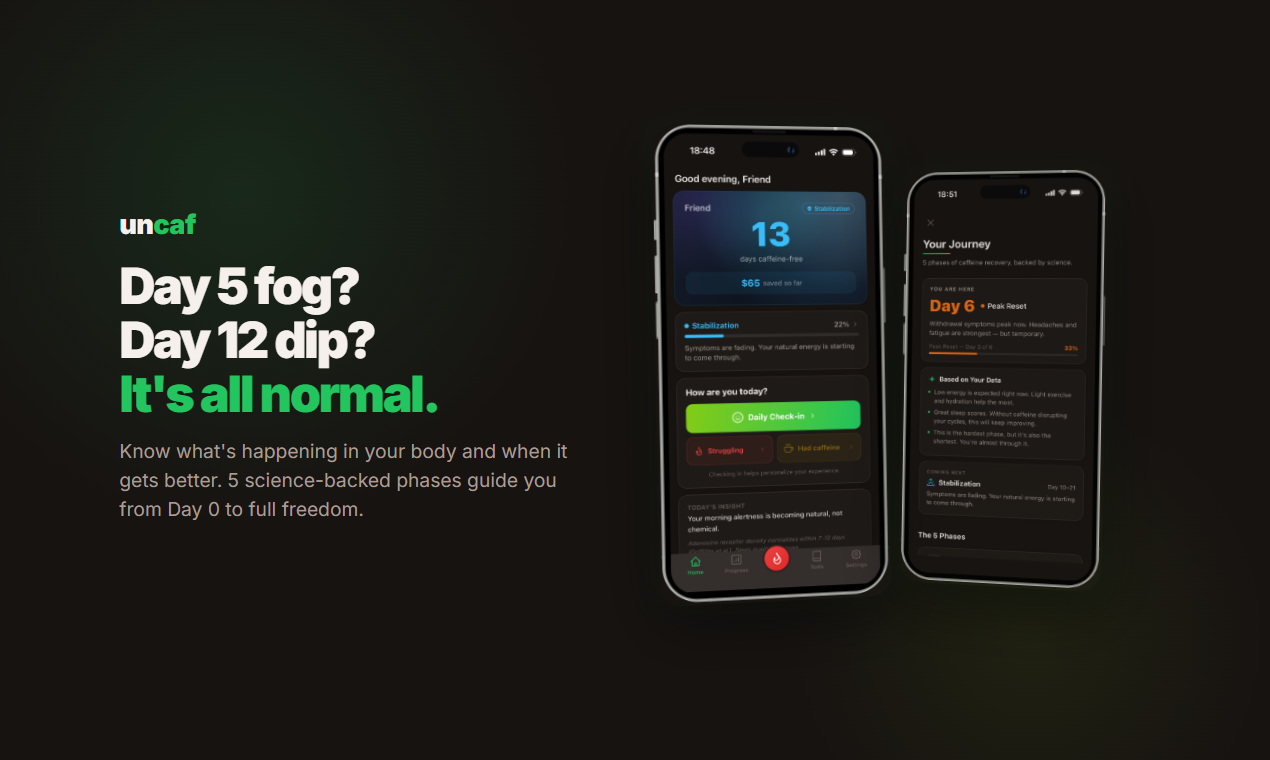 Uncaf — Break Free from Caffeine - Main product screenshot demonstrating key features and user interface