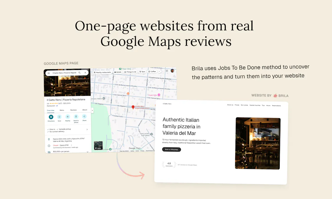 Brila setup screen showing business selection from Google Maps and review import