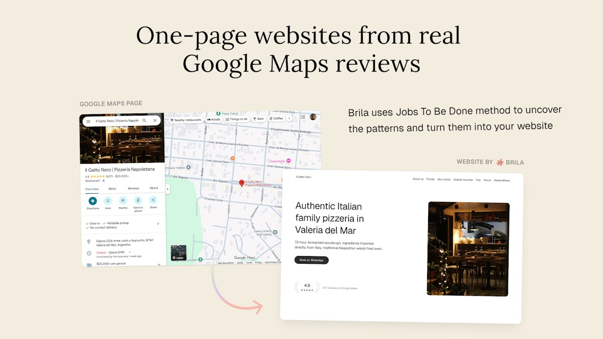 Brila setup screen showing business selection from Google Maps and review import