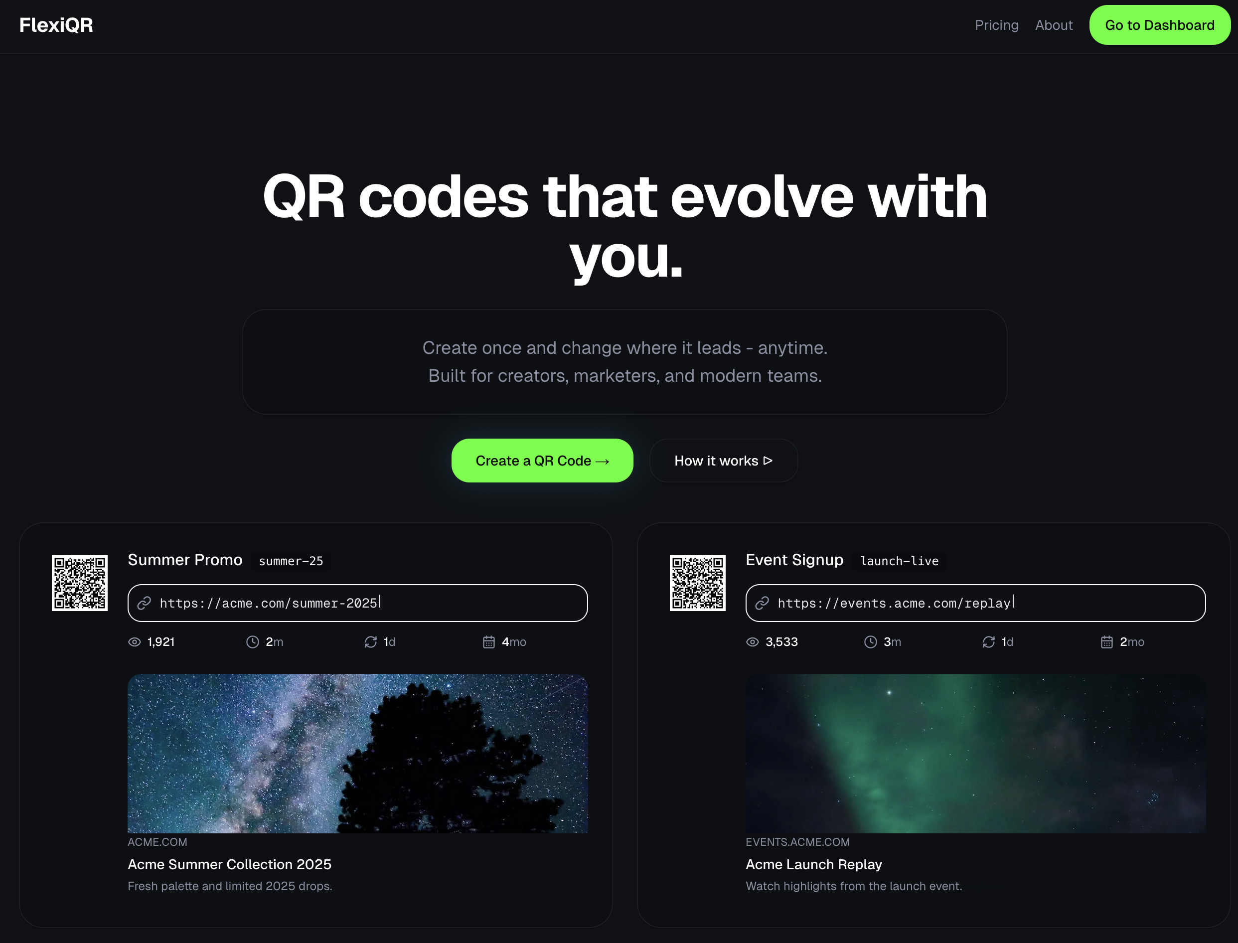 FlexiQR.link - Main screenshot showing features and interface
