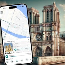 Interface mobile de QuideApp : Une capture d&rsquo;écran de l&rsquo;interface mobile de QuideApp, affichant une carte avec différents points de repère et des options de visite audio.