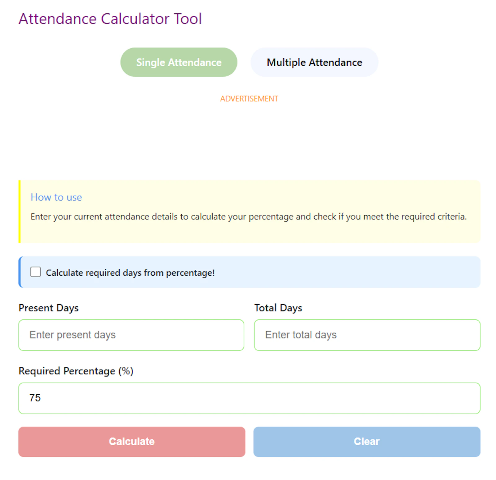 Online Attendance Percentage Calculator screenshot 1