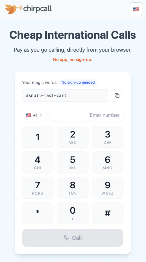 ChirpCall.com - Main product screenshot demonstrating key features and user interface