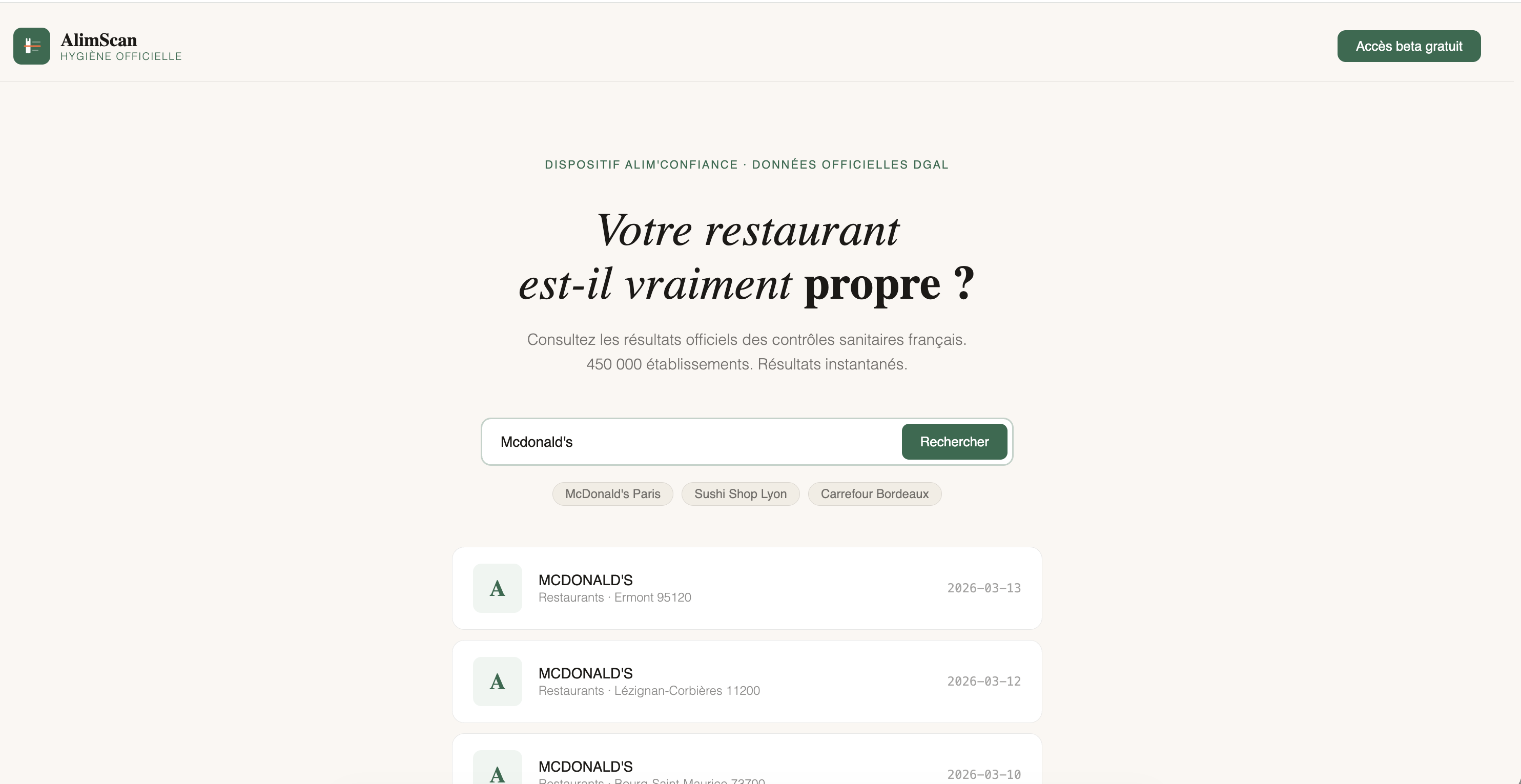 AlimScan — Hygiene ratings for France - Screenshot 2 showing product features and functionality