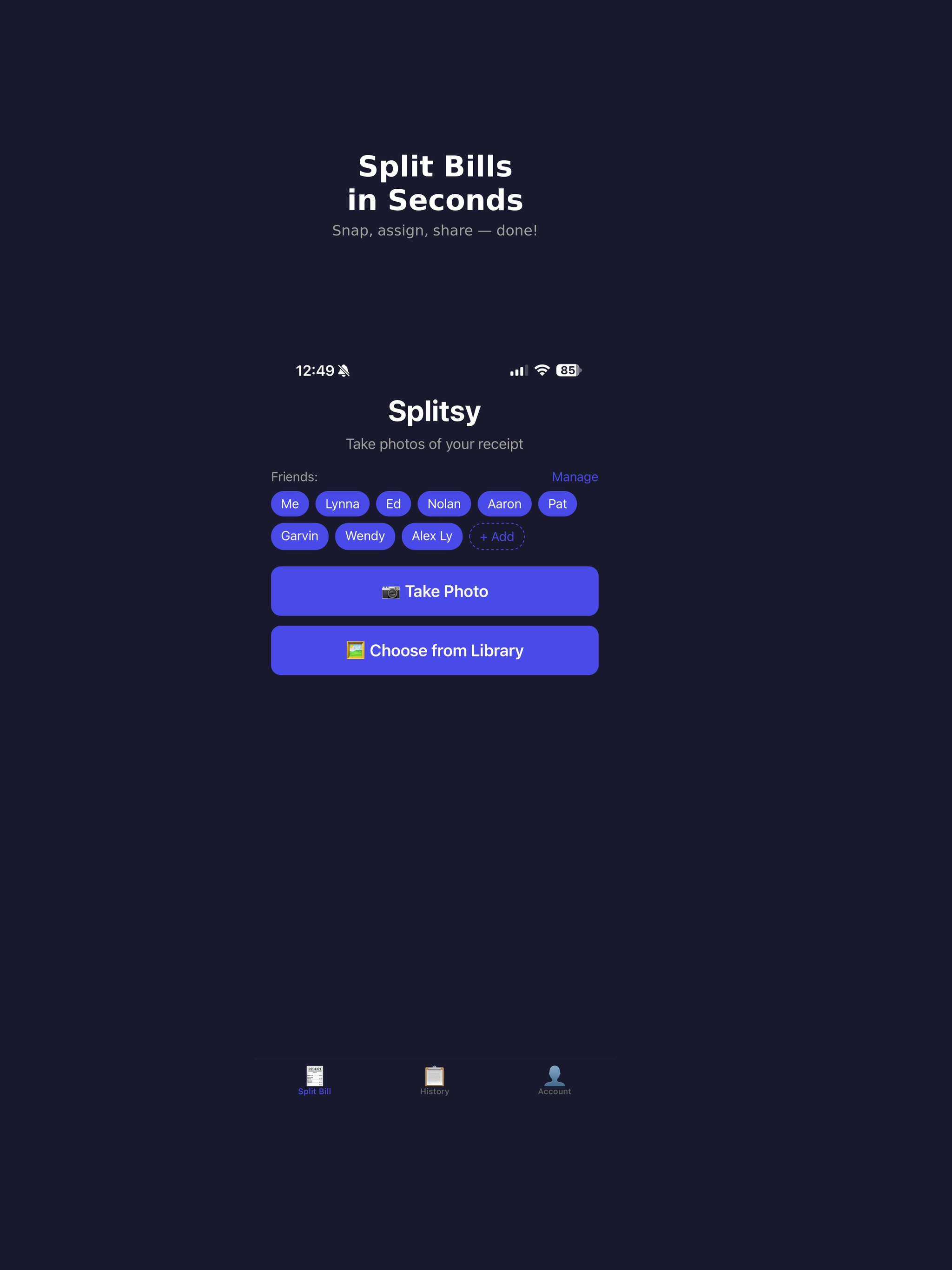 Splitsy: Let AI split the bill for you - Main product screenshot demonstrating key features and user interface