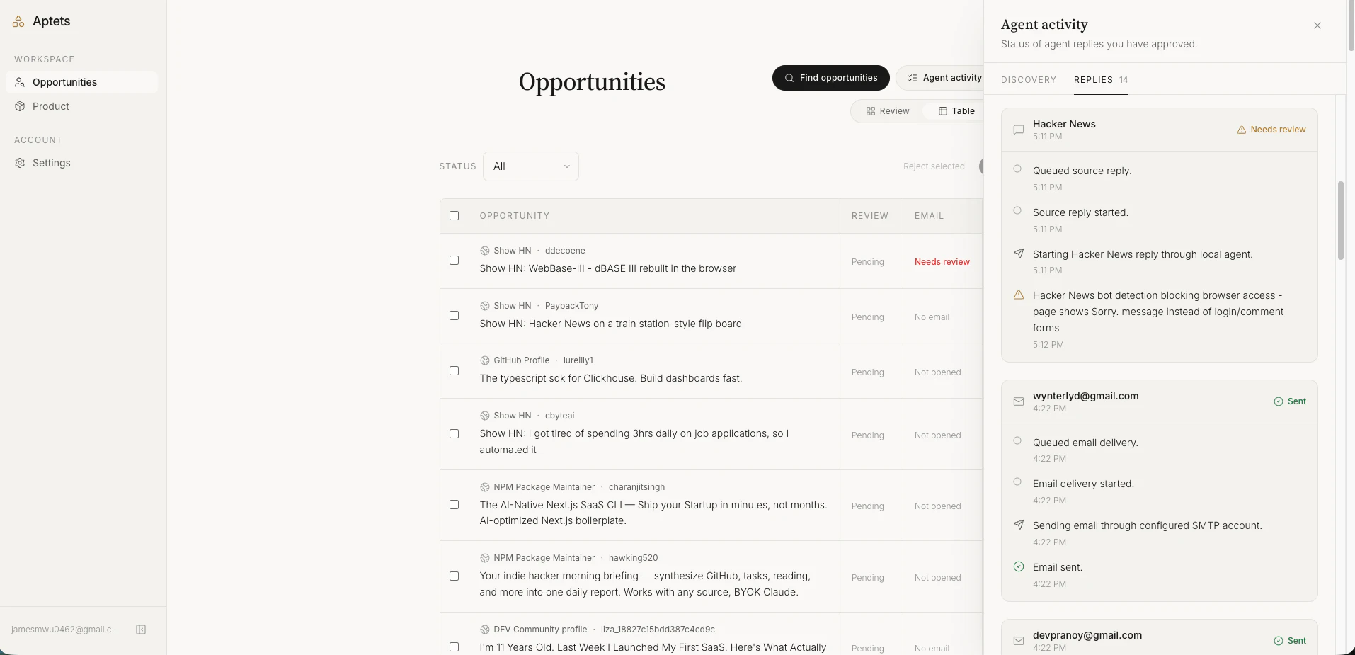 Aptets: outreach for vibe-coded projects 截图 5