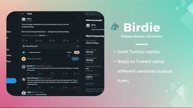Logo dell&rsquo;estensione Birdie AI per Chrome, che rappresenta l&rsquo;espansione sui social media e le interazioni potenti.