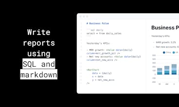 SQL e Markdown juntos - Uma imagem mostrando a combinação de SQL e Markdown, os recursos-chave do Evidence para criar relatórios poderosos.