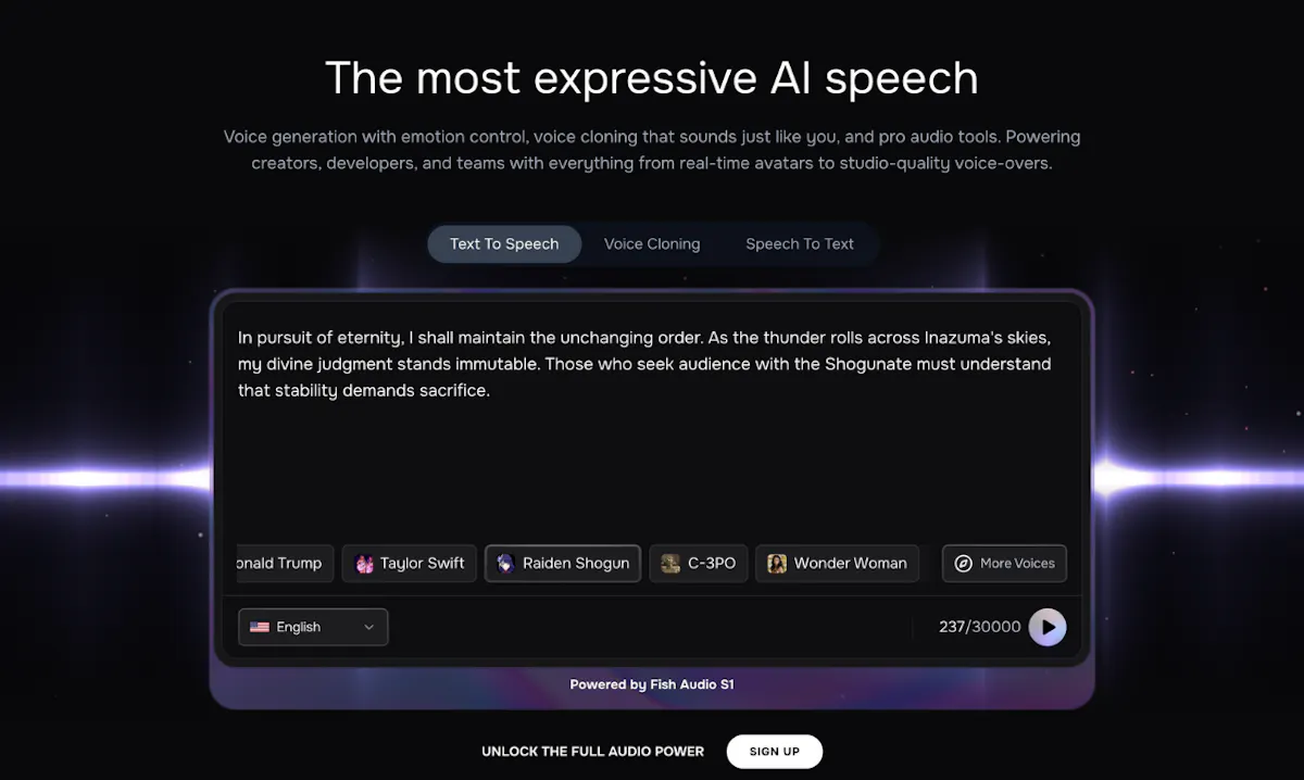 Fish Audio voice cloning and text-to-speech interface