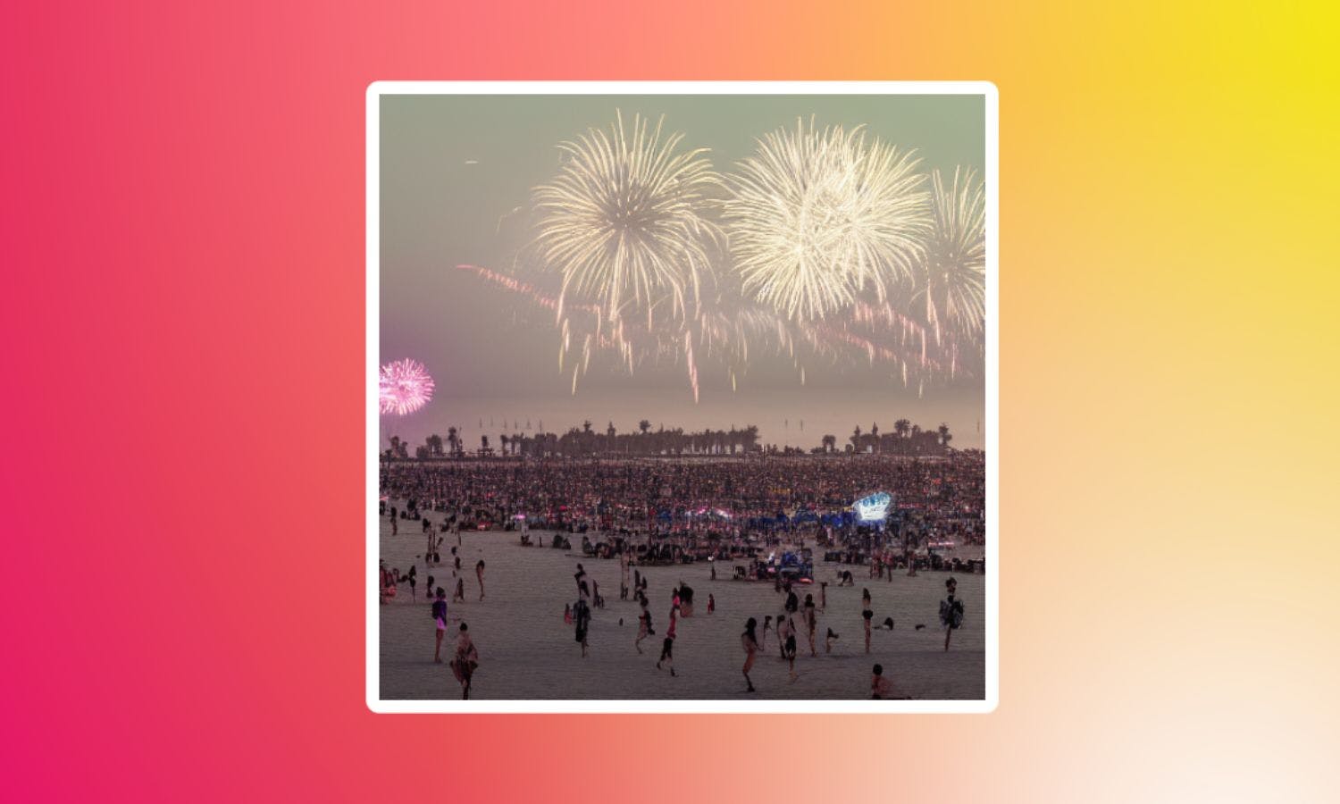 A futuristic photograph of Venice Beach during a fireworks show on New Year’s Eve in the year 2099