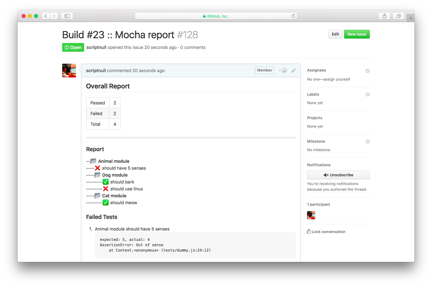 Mocha Github Reporter