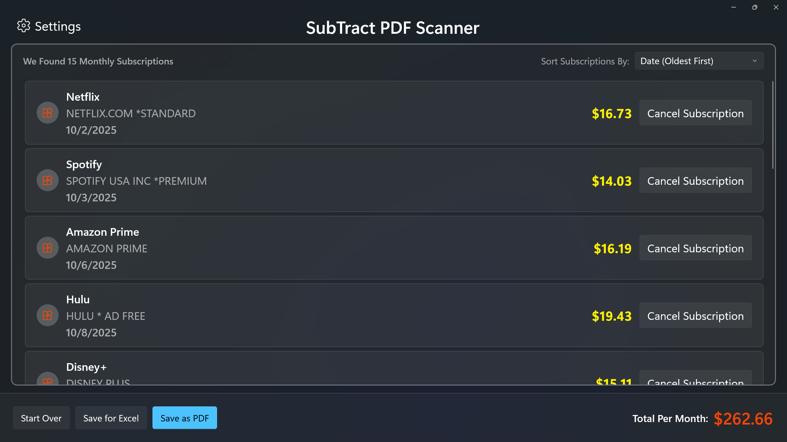  SubTract PDF: Subscription Finder - Main product screenshot demonstrating key features and user interface