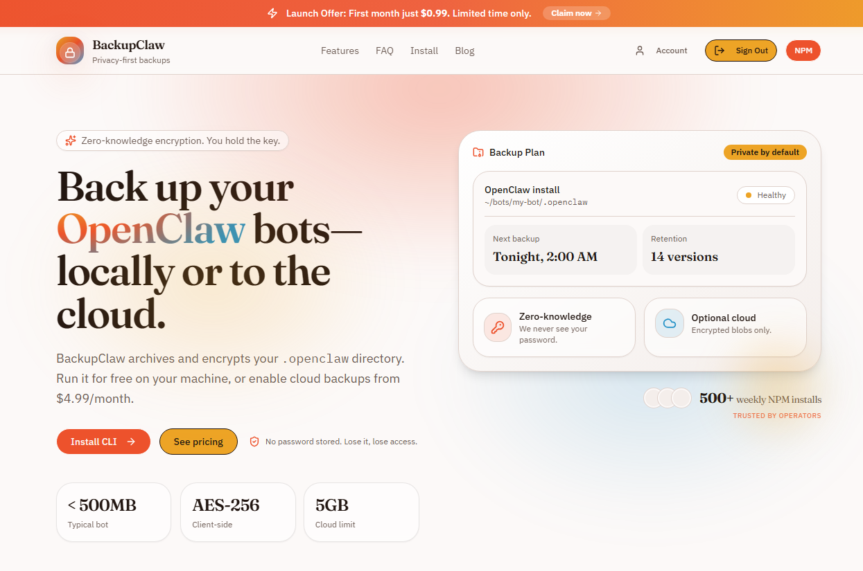 BackupClaw: Local/Cloud OpenClaw backups gallery image