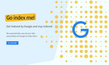 「Go index me!」のロゴのイメージで、このツールが1日最大2000ページまで自動インデックス作成できる能力を強化された検索可視性のために示しています。