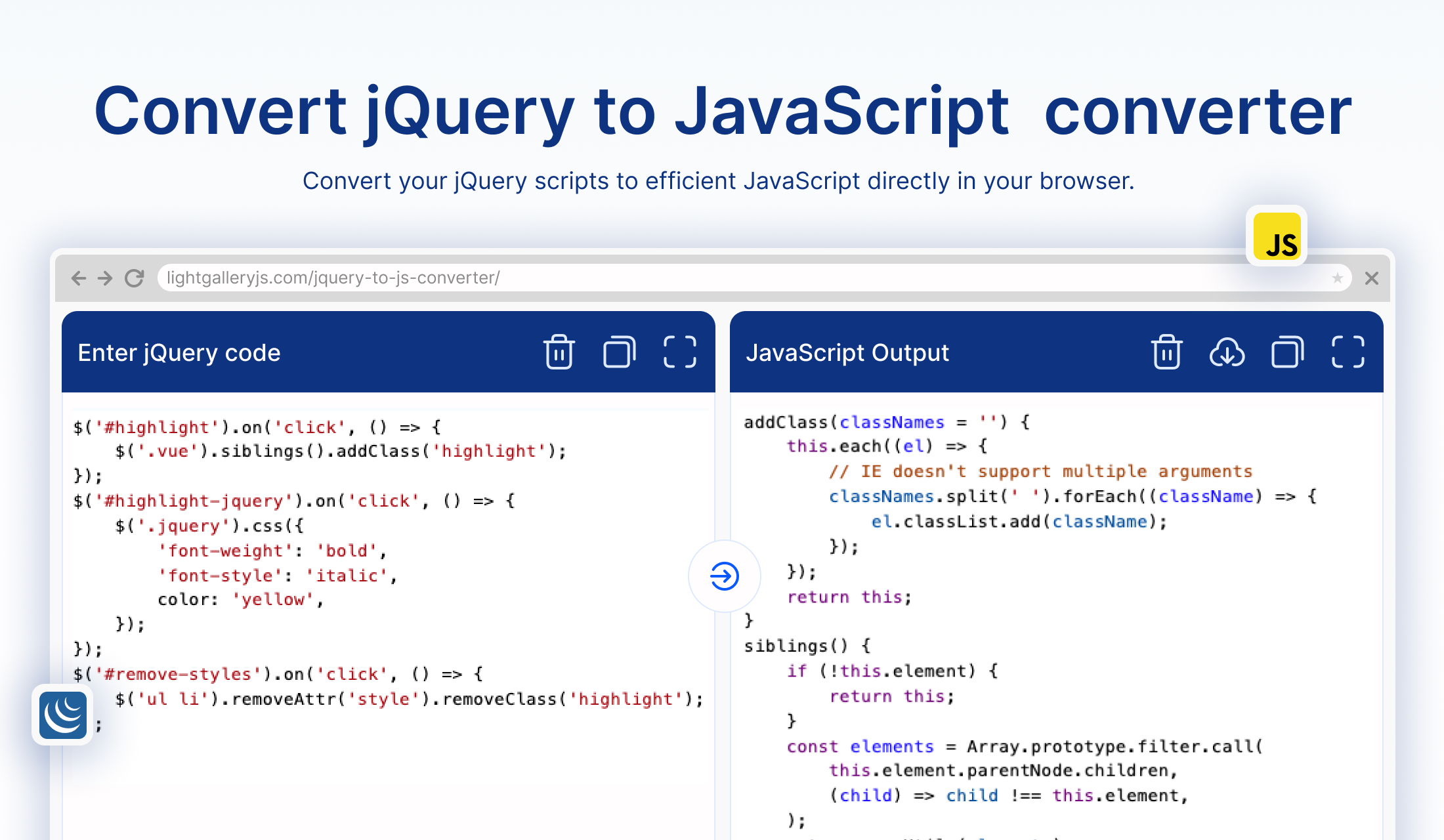 JQuery to JavaScript converter  gallery image
