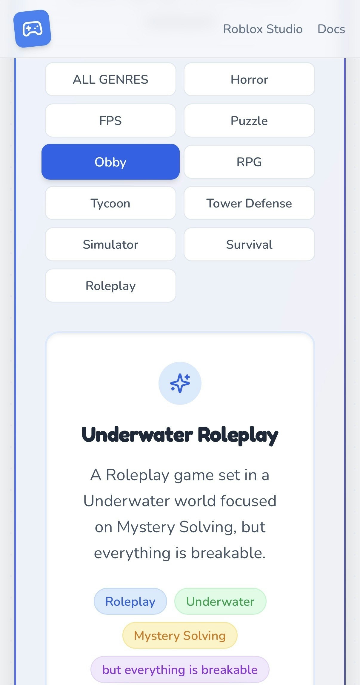 Roblox Idea Generator - Screenshot 3 showing product features and functionality