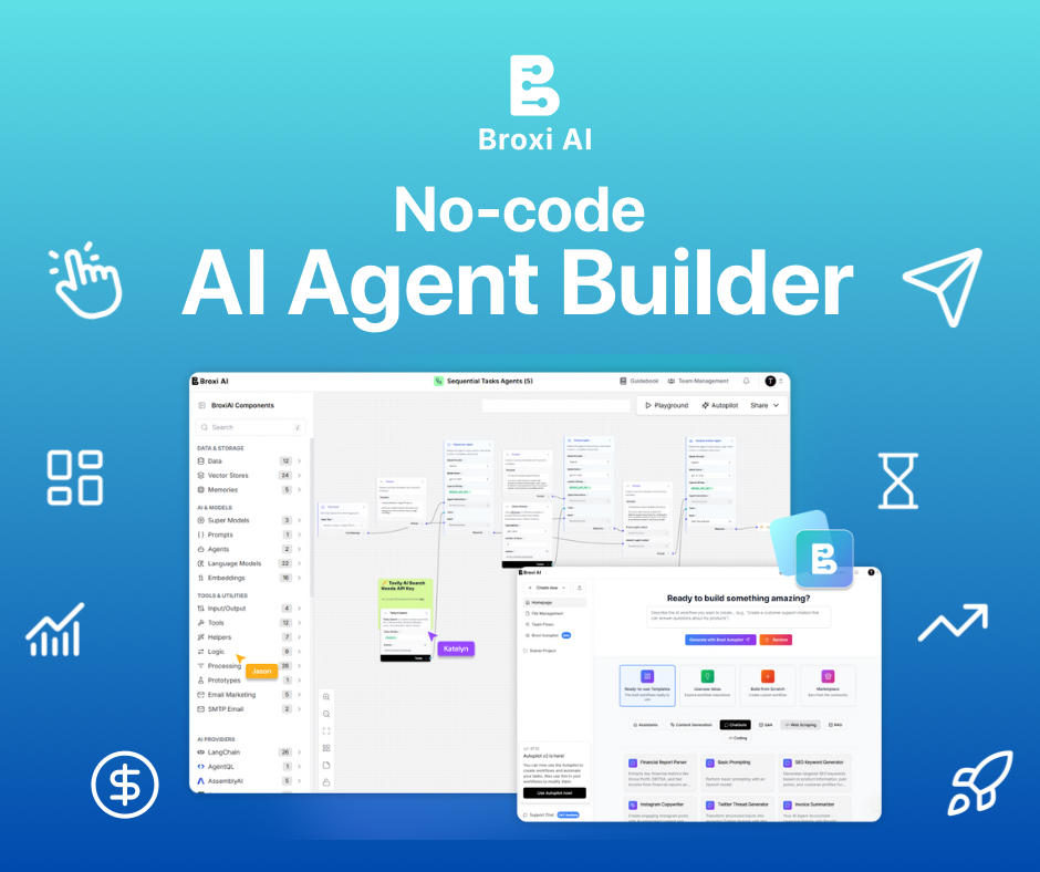 Broxi AI no-code agent builder dashboard and visual canvas