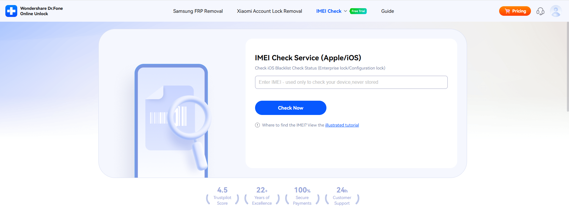 Media Wondershare Dr.Fone Online Buka Kunci - Cepat dan selamat mudah alih yang selamat dan cek IMEI dibuat mudah. 3