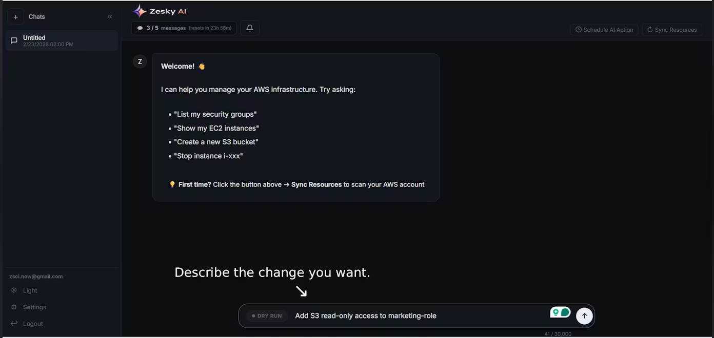 Zesky — AI Agent for AWS - Screenshot 2 showing product features and functionality