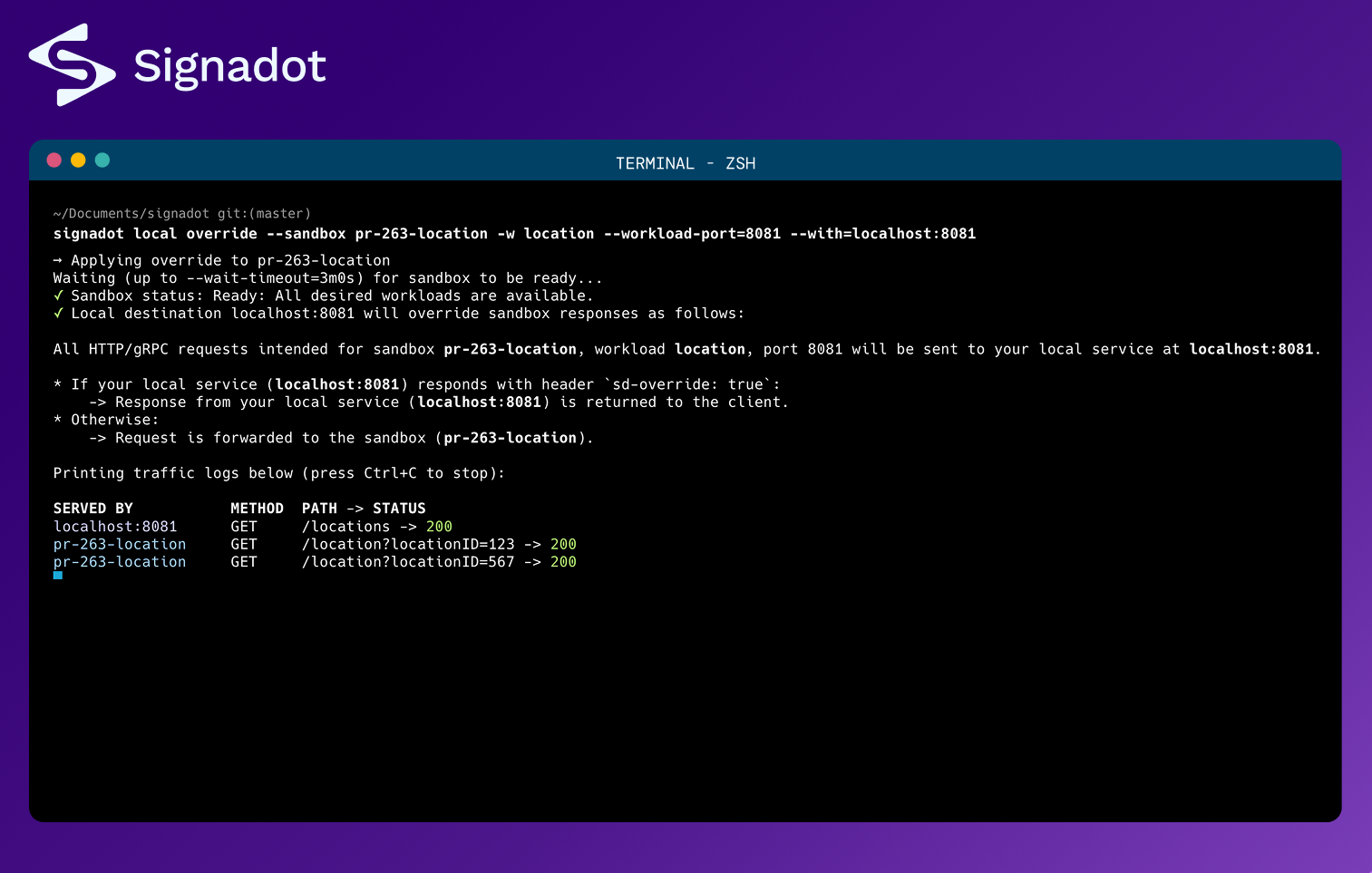 Signadot Local - Screenshot 2 showing product features and functionality