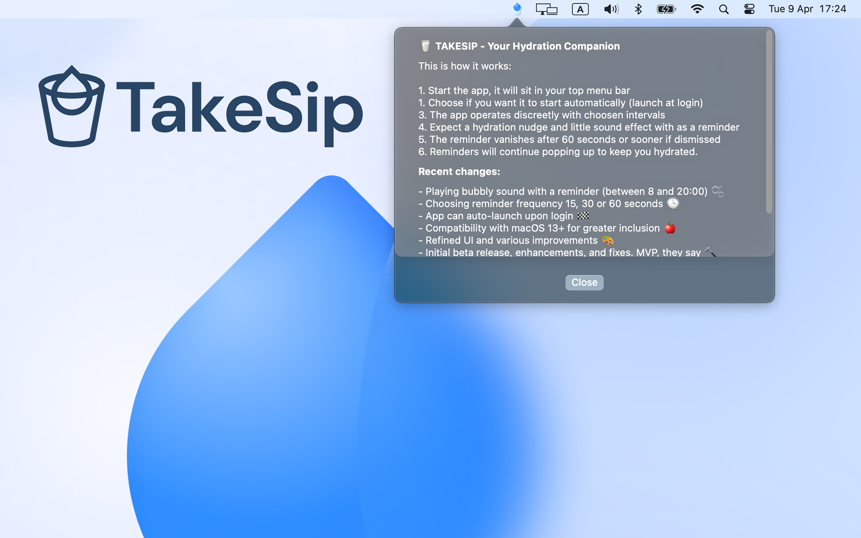 TAKEIP - आपका हाइड्रेशन साथी - एक साधारण MacOS ऐप के साथ पानी का ब्रेक लेने के लिए याद रखना मीडिया 3