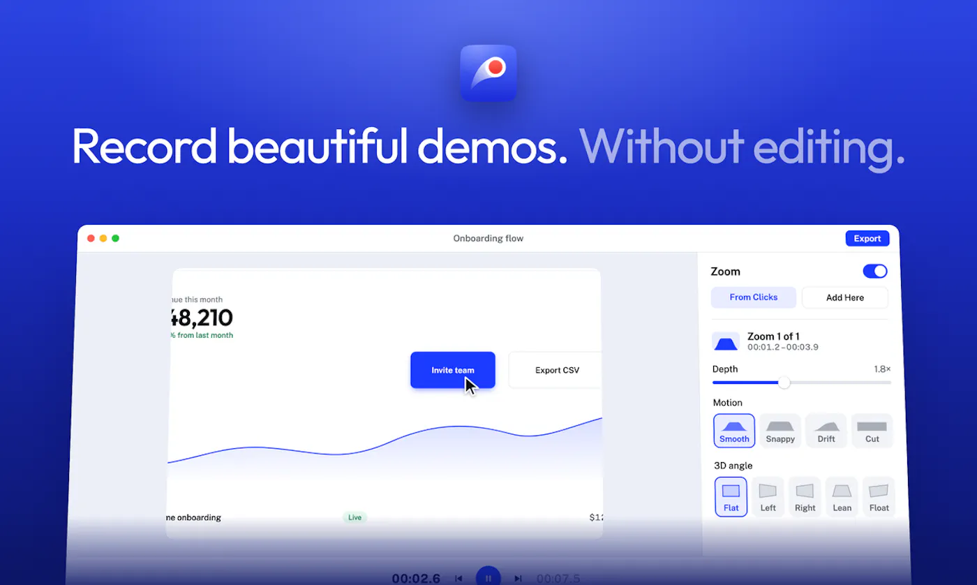 Smooth Recorder graphic 'Record beautiful demos. Without editing.' showing the editor with a zoomed recording and the settings sidebar