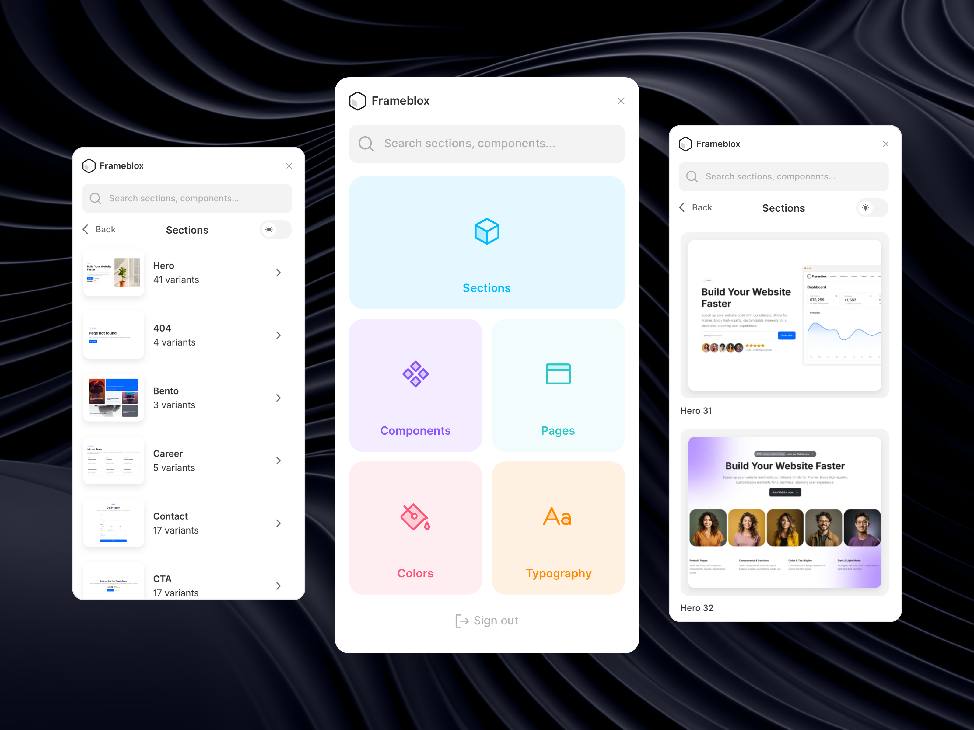프레임 블록 플러그인 - Framer 용 UI 키트 구성 요소 라이브러리 플러그인 미디어 3
