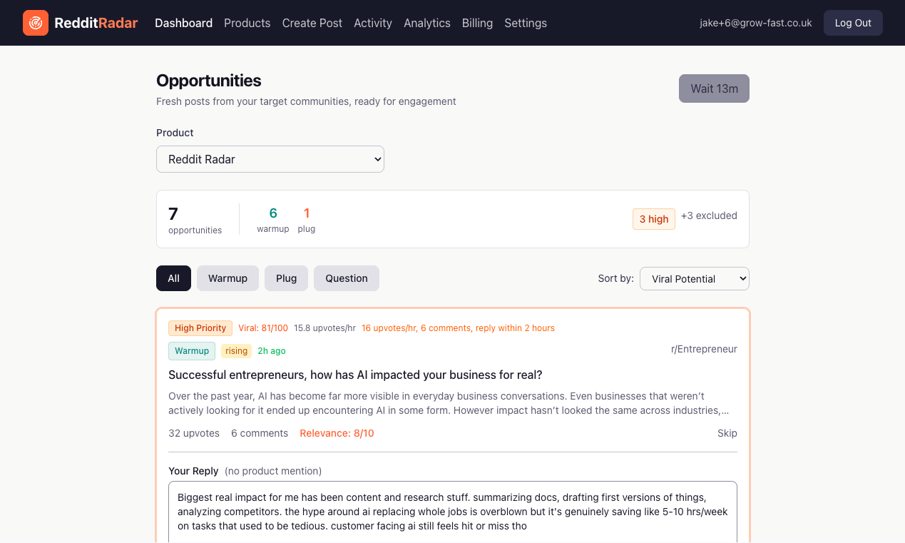 Reddit Radar - Main product screenshot demonstrating key features and user interface
