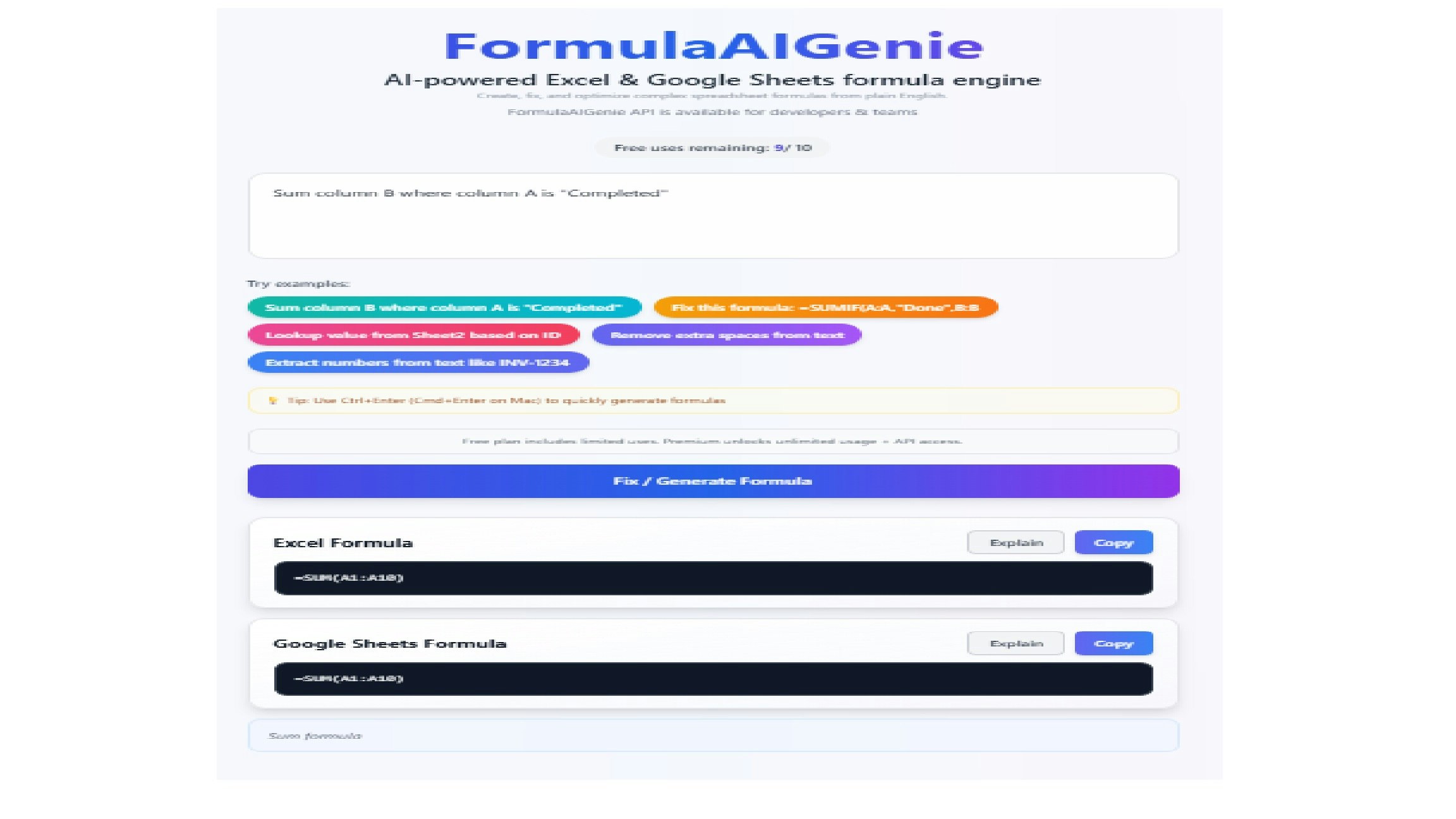 FormulaAIGenie - Main product screenshot demonstrating key features and user interface