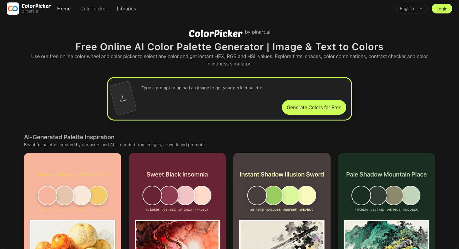 Colorpicker.Pinart.ai — AI Color Toolkit - Main product screenshot demonstrating key features and user interface