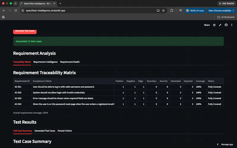 Spec2Test Intelligence screenshot 2