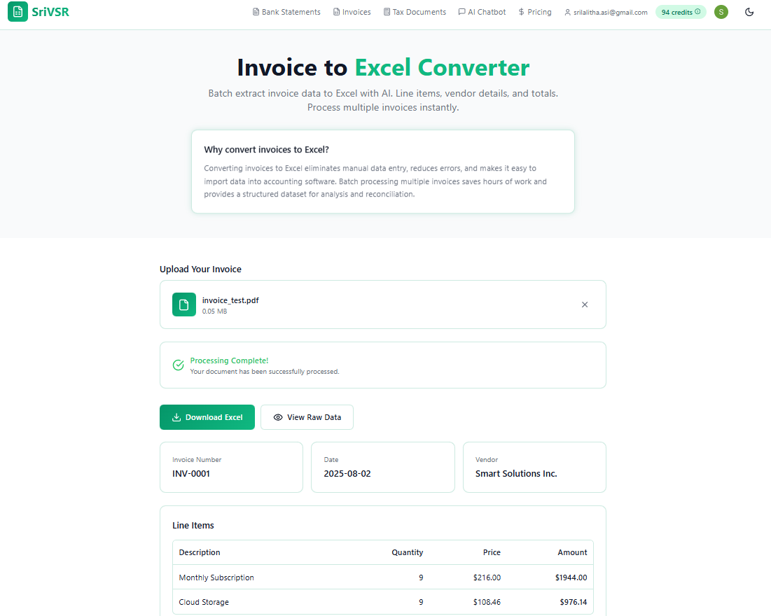 SriVSR – AI PDF to Excel Converter - Screenshot 3 showing product features and functionality