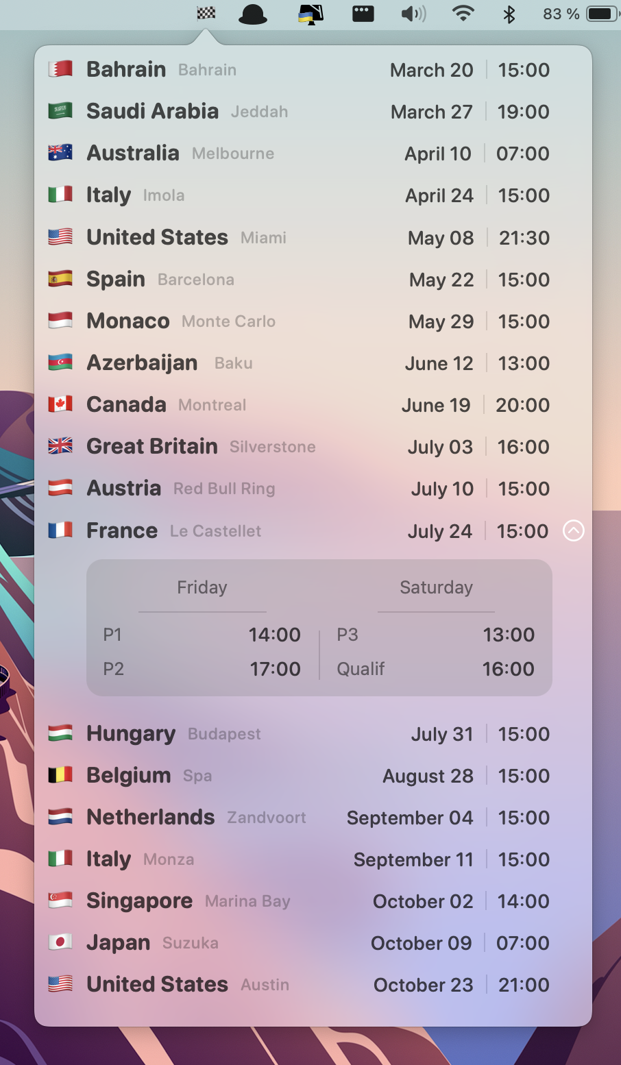 Formula 1 Calendar MenuBar gallery image