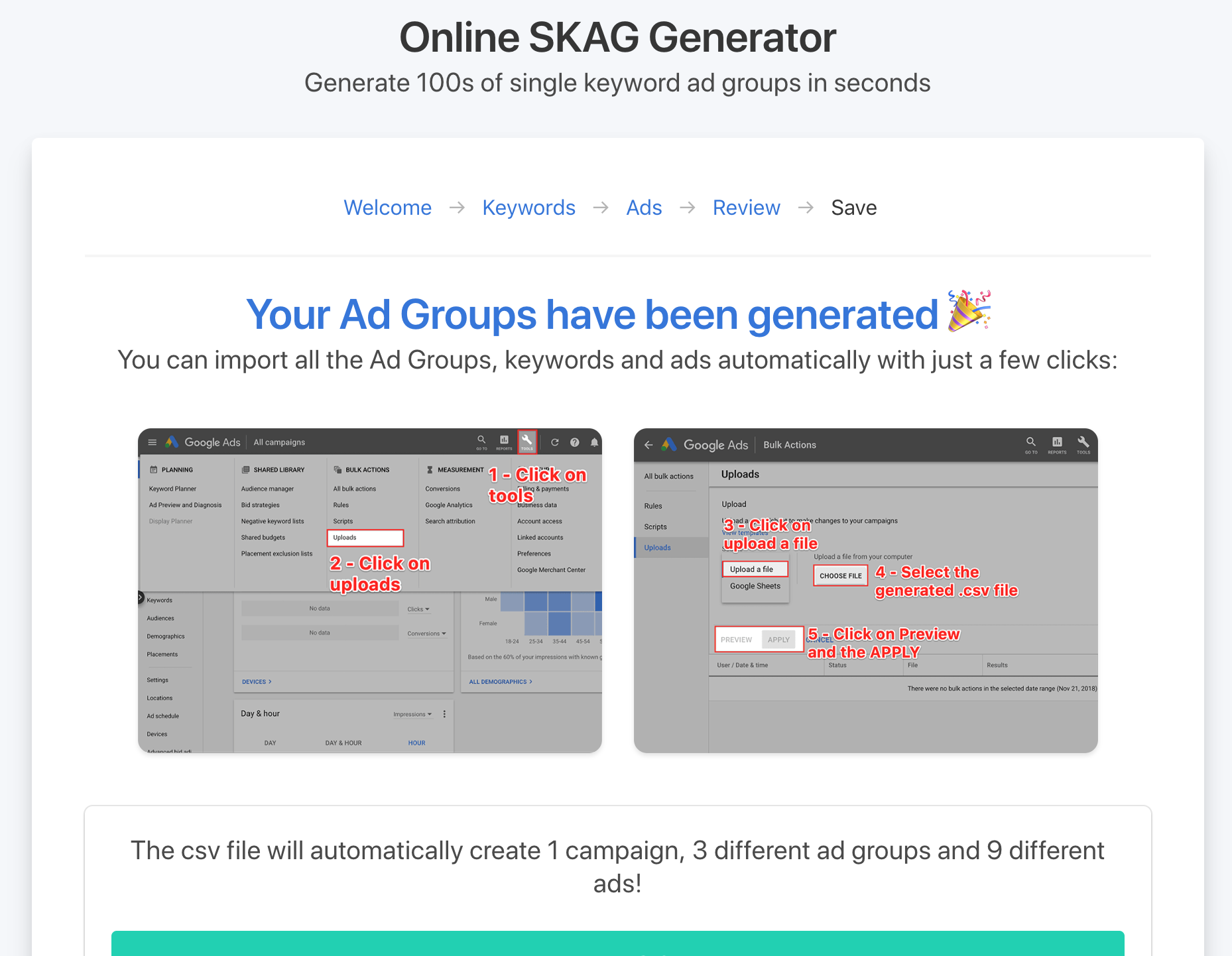 Skag.io | Generate hundreds of different ads and ad groups in seconds and 📈Increase your quality score gallery image