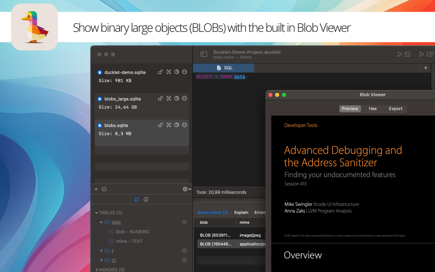 Mídia 4 de Ducklet para Sqlite - O rápido e nativo editor de banco de dados SQLite para macOS.