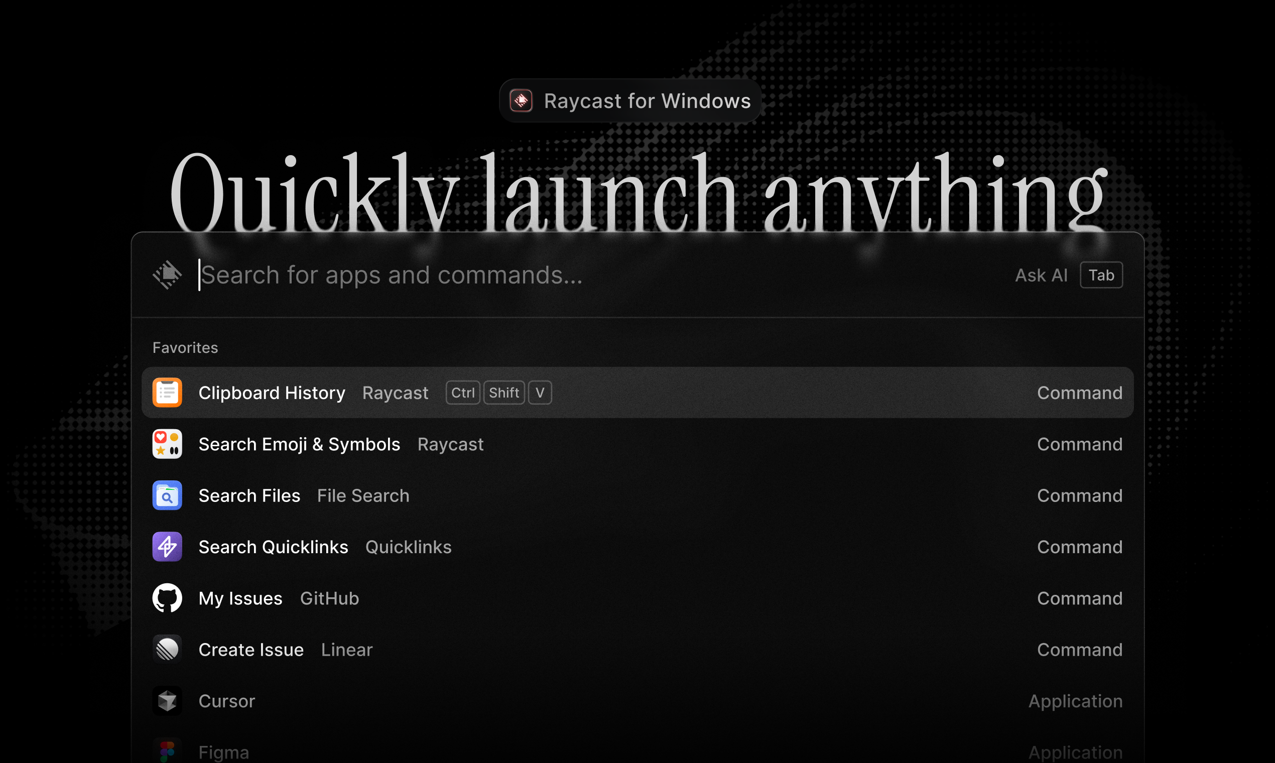 Raycast for Windows - Main product screenshot demonstrating key features and user interface