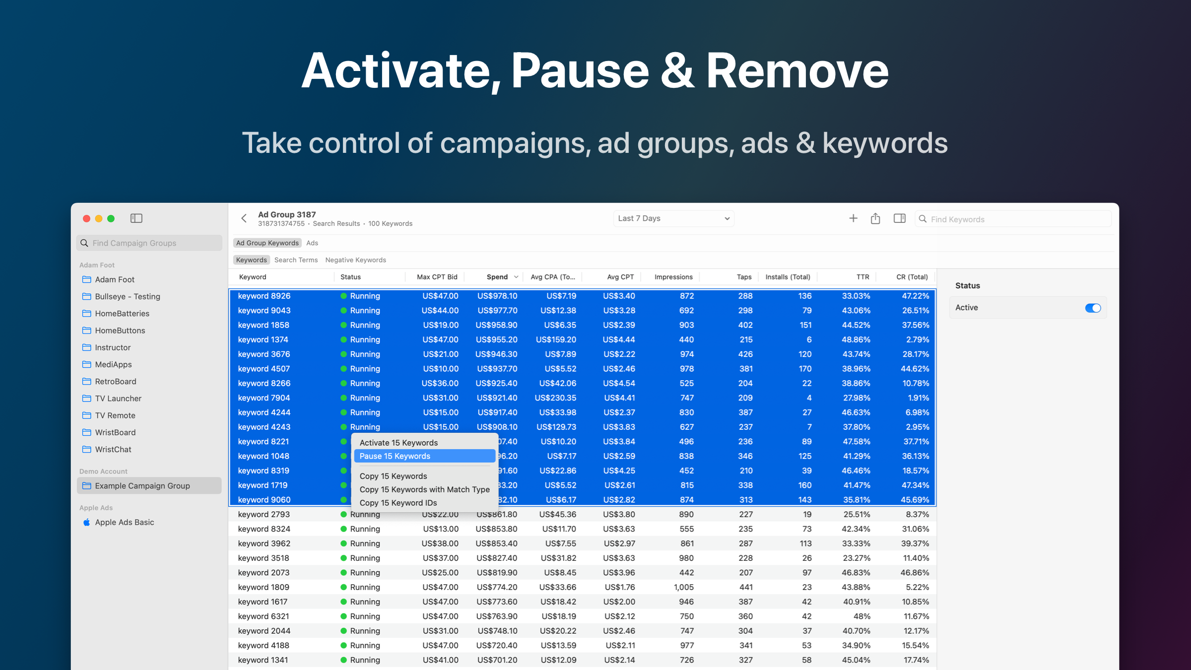 Bullseye - Apple Ads Manager для Mac - Управление Apple Search Adcames, рекламными группами и ключевыми словами медиа 4